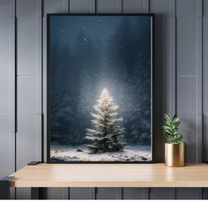 a christmas tree in the middle of a snowy forest with stars and snow flakes