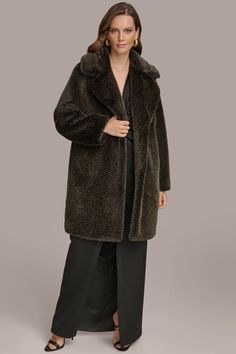 LUXE FUR COAT | Donna Karan Notch Collar, Donna Karan, Oversized Fits, Fur Coat, Faux Fur, Coats Jackets, Long Sleeves, Collar, Long Sleeve