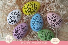 six easter eggs with hand lettering on them