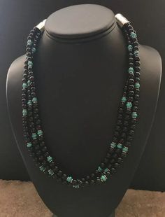 Sterling Silver Multi Strand Black Onyx with Turquoise Bead Necklace. 20 Inch Sterling Silver Bead Bracelet, Turquoise Bead Necklaces, Silver Bead Bracelet, Multi Strand Necklace, Silver Turquoise, Turquoise Beads, Diy Necklace, Multi Strand, Sterling Silver Bead