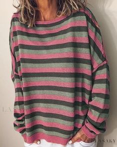 Lasaky - Trendy Relaxed-Fit Sweater featuring a Round Neck and Long Sleeves Loose Fit Sweater, Spring Fashion Casual, Tie Dye Long Sleeve, Casual Stripes, Casual Hoodie, Sleeves Pattern, Striped Knit, Casual Sweatshirt, Long Sleeve Casual