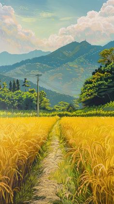 a painting of a dirt road through a wheat field