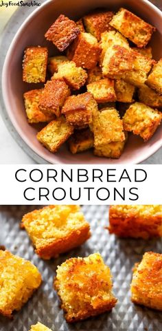 cornbread croutons in a bowl with the words cornbread croutons