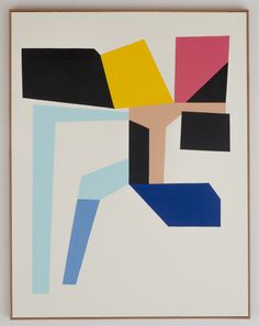 an abstract painting with blue, pink, yellow and black shapes on white paper in a wooden frame