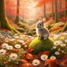 a rabbit sitting on top of a moss covered rock in the woods with daisies