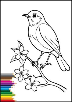 a bird sitting on top of a tree branch with flowers in the foreground and colored pencils behind it