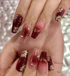 Red Nail Designs Aesthetic, Asian Red Nails Design, Red Nail Art Designs Nailart, Dark Red Wedding Nails, Japanese Red Nails, Red Nails Fancy, Chinese Design Nails, Dark Red Flower Nails, Ruby Nails Design