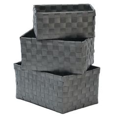 three gray baskets stacked on top of each other in the shape of rectangles