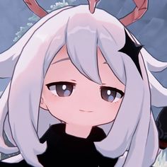 an anime character with long white hair and horns on her head, looking at the camera