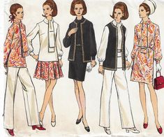 three women's clothing patterns, one in black and the other in white with red accents