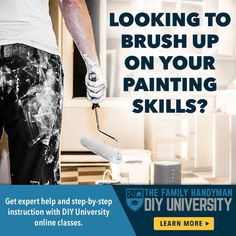 a man is painting the walls in his living room with text that reads, looking to brush up on your painting skills? get expertly