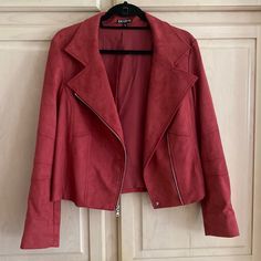 Express Size Medium No Tags But Never Worn Red Outerwear With Zipper For Work, Red Zipper Closure Outerwear For Work, Chic Red Biker Jacket With Long Sleeves, Red Biker Jacket For Work In Spring, Casual Red Biker Jacket For Work, Red Outerwear With Zipper For Spring, Suede Moto Jacket, Bomber Jackets, Red Suede