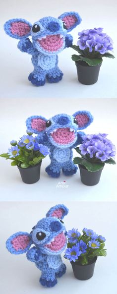 crocheted stitched toy elephant with flower pot