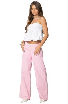 Look fab in these nonstretch jeans boasting a sweet pink wash and slouchy wide legs for laid-back attitude. Zip fly with button closure Five-pocket style 100% cotton Machine wash, line dry Imported Pink Relaxed Fit Denim Pants, Pink Straight Leg Denim Jeans, Casual Pink Denim Flare Jeans, Casual Pink Jeans With Pockets, Mid-rise Pink Flare Jeans With Five Pockets, Pink High Rise Flare Jeans Casual Style, Casual High-rise Pink Flare Jeans, Casual High Rise Pink Flare Jeans, Pink Denim Flare Jeans With Five Pockets