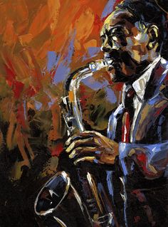 a painting of a man playing the saxophone