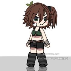 an anime character with brown hair and green eyes, wearing black pants and knee high boots