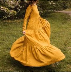 Beautiful Long Sleeve Pleated Solid Color Cotton Dress · KoKo Fashion · Online Store Powered by Storenvy Yellow Boho Dress, Boho Gown, Natural Linen Dress, Dress Linen, Abaya Dress, Linen Maxi Dress, Fall Skirts, Plus Size Maxi Dresses, Kaftan Dress