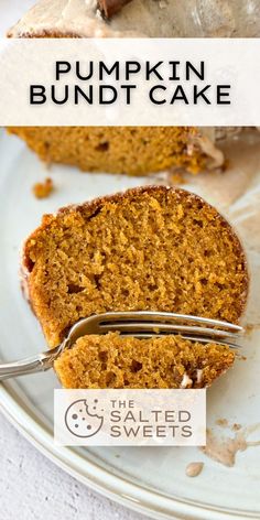 a slice of pumpkin bundt cake on a white plate with a fork in it