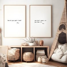 two framed pictures on the wall above a wooden shelf in a room with wicker furniture