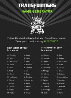 a black and white poster with the words,'transformers name generator '