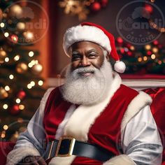 a man dressed as santa claus sitting in front of a christmas tree