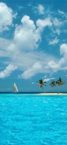 two palm trees on an island with a sailboat in the water and blue sky