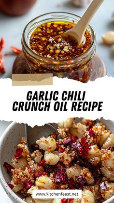 garlic chilli crunch oil recipe in a bowl with spoon