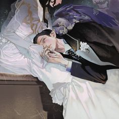 a painting of a woman laying down with her hand on her face and another person holding a cell phone to her ear