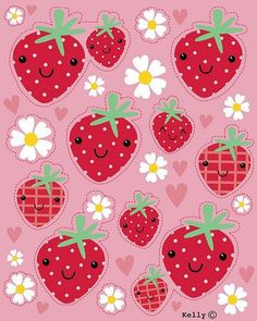 some strawberries and daisies on a pink background with hearts, flowers, and ladybugs