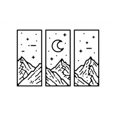 three mountains with the moon and stars above them, in black and white on a white background