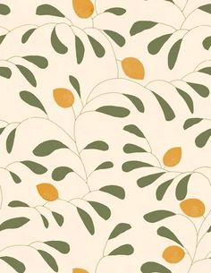 an orange and green pattern on a white wallpaper with leaves in the foreground