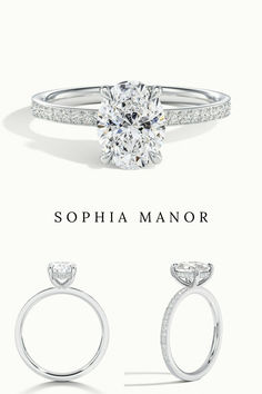 a diamond engagement ring with the words sophiia manor on it and an image of a