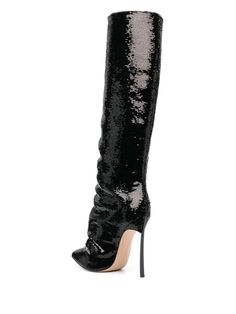 sequin-embellished leather boots from CASADEI featuring black, calf leather, sequin embellishment, pointed toe, knee-length, signature Blade heel, high heel, branded leather insole, leather sole and 130mm heel. This item is in size 37½ and the color is Glamorous Evening Boots With Sequins, Luxury Patent Leather Heeled Boots For Party, Chic Sequined Pointed Toe Boots, Glamorous Patent Leather Party Boots, Luxury Knee-high Boots For Party, Chic Sequined Evening Boots, Luxury Knee-high Boots For Winter Party, Luxury High Heel Knee-high Boots For Party, Luxury Patent Leather Party Boots