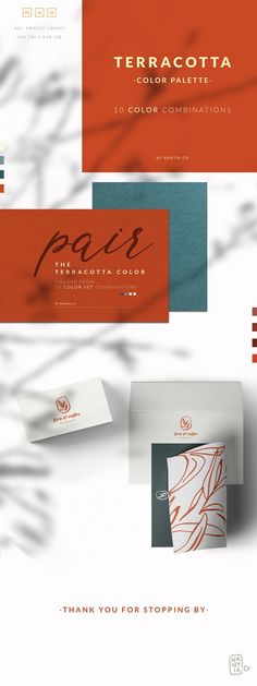 some business cards and envelopes with the words terracotta written on them in red