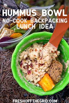 hummus bowl no - cook backpacking lunch idea with text overlay that reads, hummus bowl no - cook backpacking lunch idea