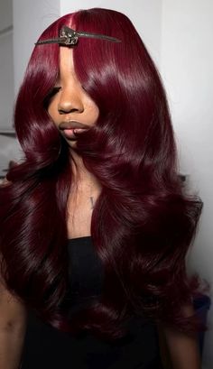 Red Winter Hair Color, Burgundy Hair With Bangs, Homecoming Fits, Birthday Hairstyle, Red Weave Hairstyles, Red Hair Inspo