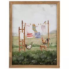 a painting of chickens hanging out to dry clothes