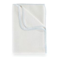 a white blanket with blue trim on top of it and an open pocket for the bottom