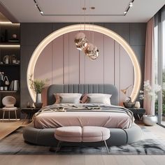 a bedroom with a circular bed and pink walls