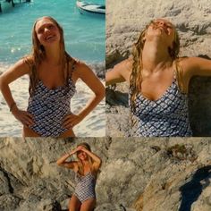 two pictures of a woman in a bathing suit on the beach, and one with her hands behind her head