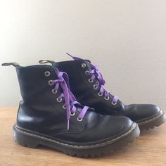 Dr. Marten Lace Up Boots W Purple Laces Sz 10 Minor Scuffing At Toe, Could Use A Quick Shine Soles In Great Shape So Much Life Left Dr Martens Shoes, Purple Lace, Martens Shoes, Moto Boots, Dr. Martens, Lace Up Boots, Black Boots, Combat Boots, Size 10