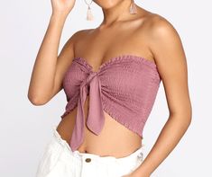 Smocked Tie Front Tube Top Shoulder Tops Outfit, Daily Fits, Tops Outfit, Simple Tops, Simple Clothing, Homecoming Outfits, Top Jeans, Strapless Sweetheart Neckline, Kim Kardashian Red Carpet