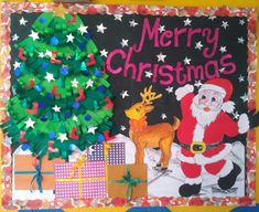 a christmas bulletin board with santa and reindeer