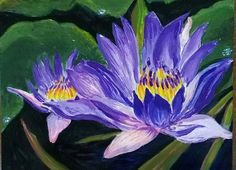 a painting of two purple flowers with green leaves in the foreground and water lilies in the background