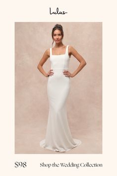 a woman in a white dress with her hands on her hips and the words shop the wedding collection