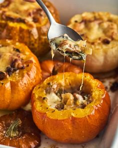 a spoon is lifting some food out of the stuffed pumpkins