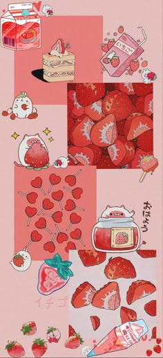 the collage has strawberrys and other items on it, including a pink background