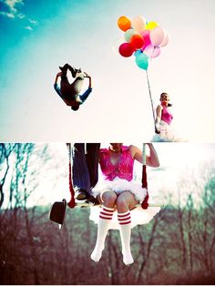 two photos with balloons in the air and one woman sitting on a swing