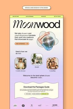 the homepage for moonwood is displayed on an orange and purple background with different images