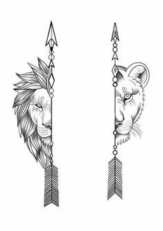 Lion Arrow Tattoo Design, Lion Arrow Tattoo, Couple Tattoo Stencil, Couples Lion Tattoo, Small Lion Tattoo, Animal Couple, Atlas Tattoo, Catrina Tattoo, Arrow Tattoo Design